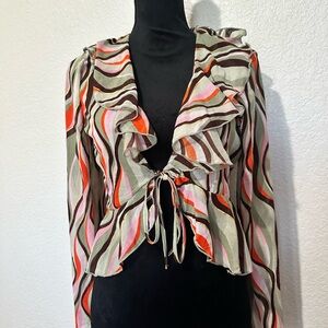 Wavy Stripe Ruffle Tie-Front Blouse - Multi